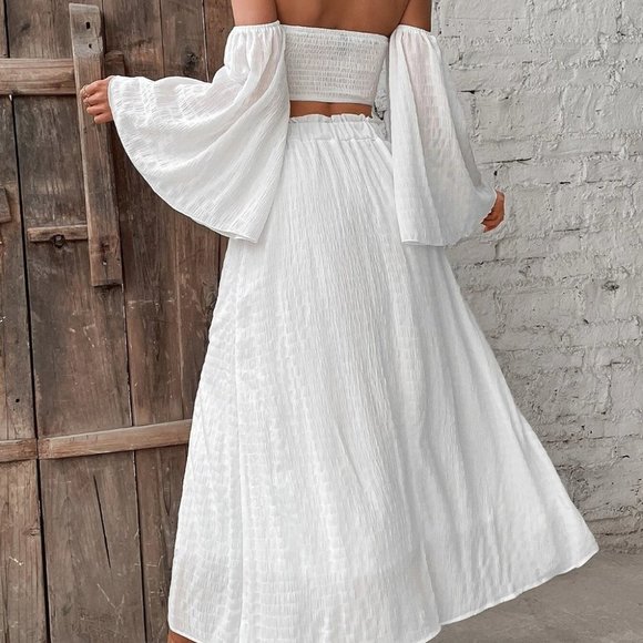 White Preppy Womens Off Shoulder Shirred Crop Top & Frill Trim Split Thigh Skirt - Picture 2 of 5